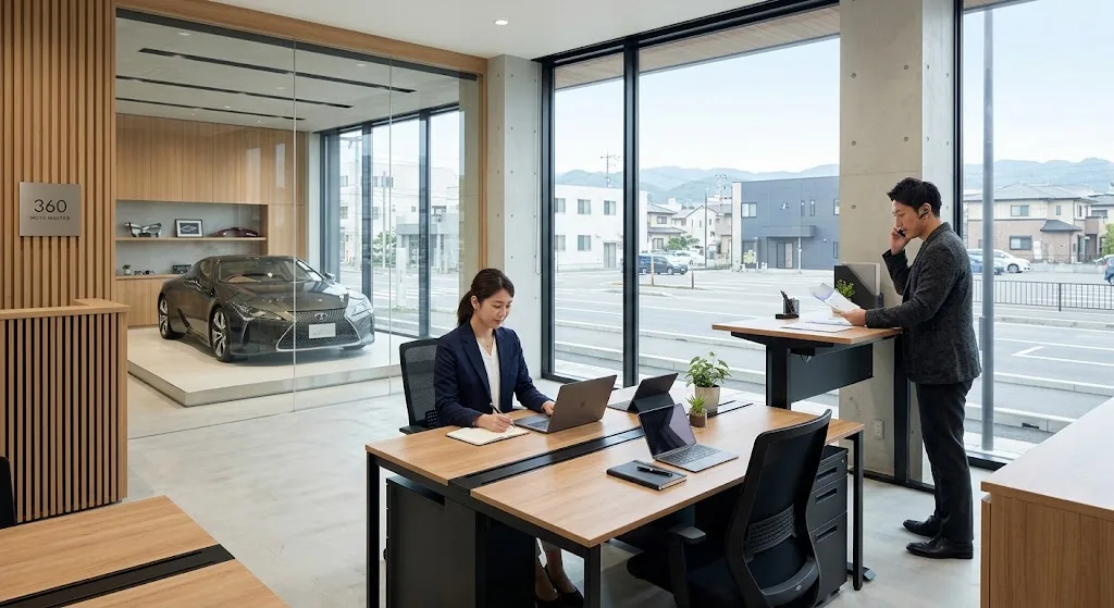 360 Moto team assisting customers from a modern Japanese office