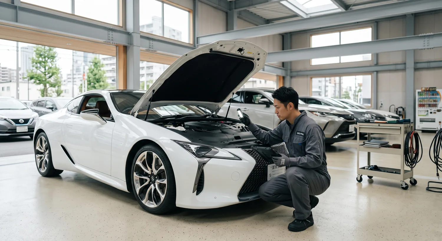 Technician examining a vehicle engine bay under workshop lighting