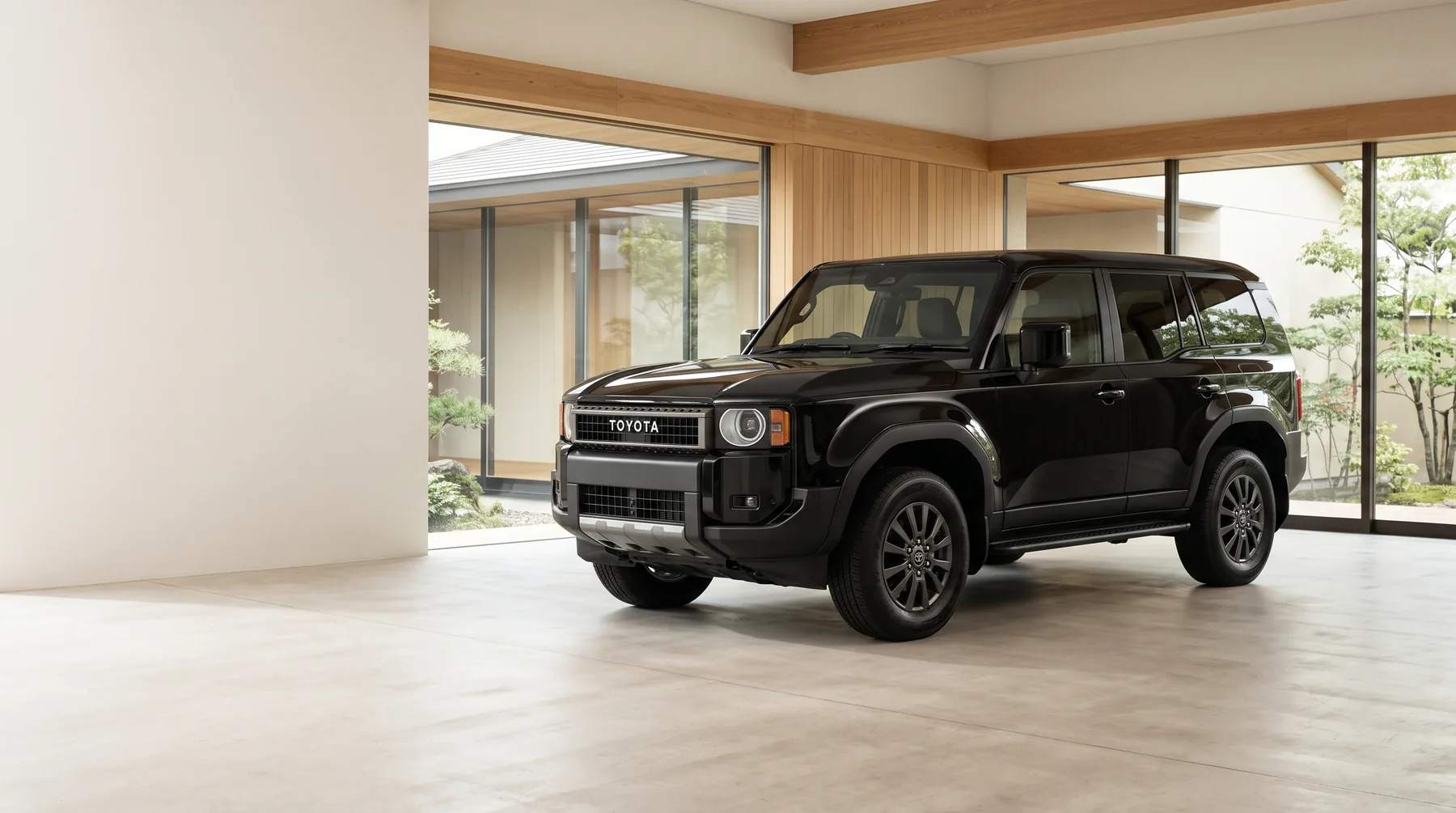 Black Japanese SUV presented in a quiet architectural studio