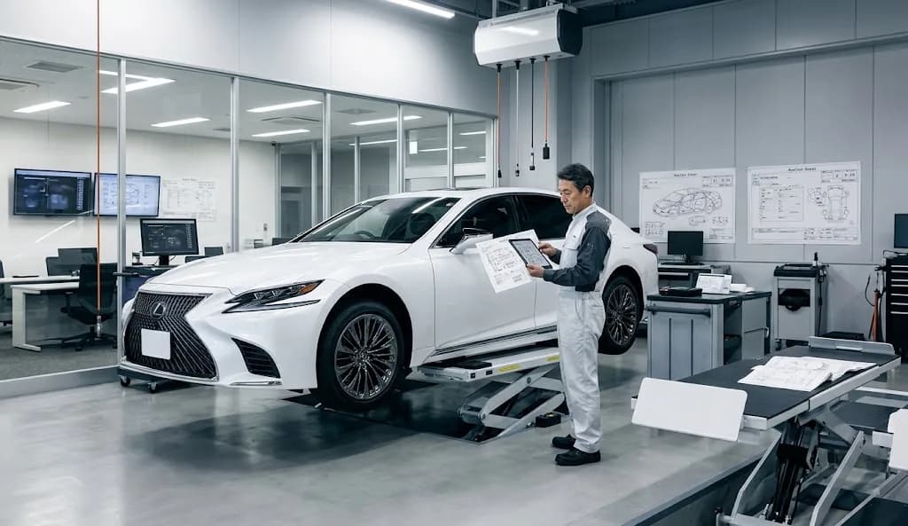 Automotive technician reviewing a Japanese vehicle inspection sheet